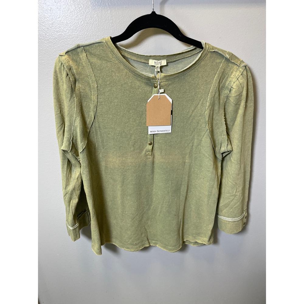 Kor America Womens Olive Green Acid Wash Henley Long Sleeve Top C6809 Size M NEW